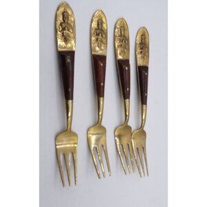 Siamese/Thailand Buddha Brass and Rosewood Appetizer Forks Set of 4